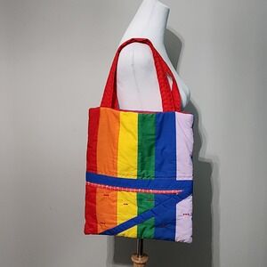 Handmade Quilted Tote Bag Rainbow Brite Colorful Kidcore Heart Patchwork Cotton‎